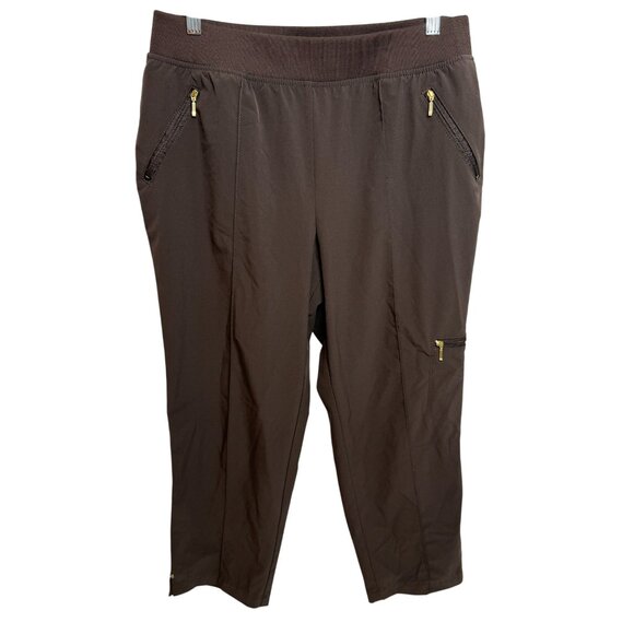 Chico’s Zenergy Pants Womens 1 M Brown Gold Zip Capri Pull On Stretch Athleisure - Picture 1 of 16